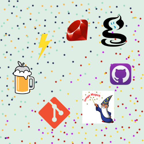 logos for GitHub Desktop, Git, Ruby, Image Magick, GhotScript, and Homebrew and a lightning bolt icon